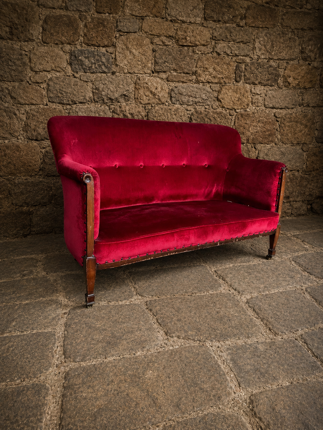Antique Edwardian Burgundy Velvet Sofa c1920