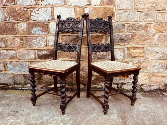 Pair of Antique Carved Dining Chairs – Barley Twist Legs & Ornate Backrest