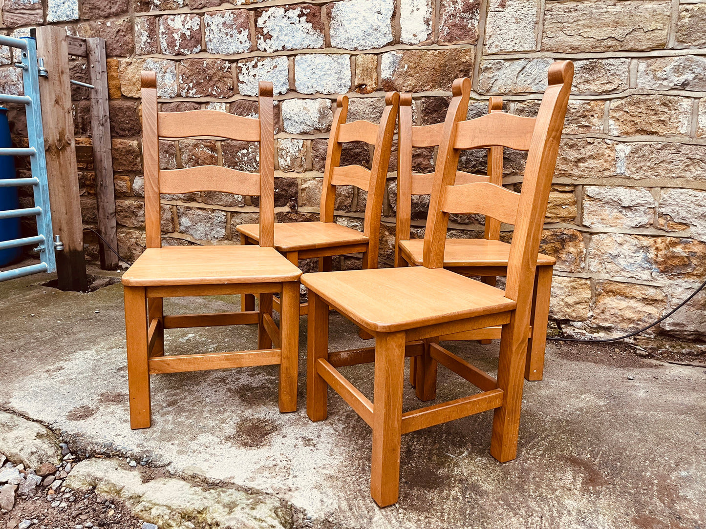 Set of Four Vintage Solid Oak Ladderback Dining Chairs