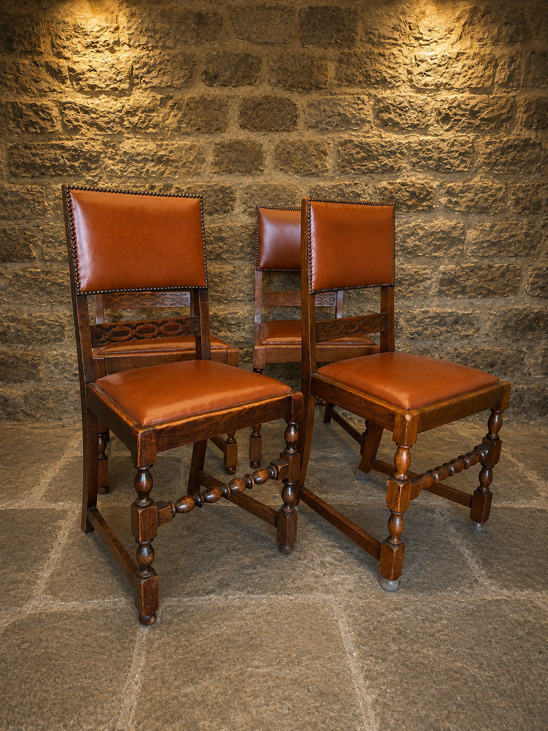 Antique 1842 Victorian Oak Dining Chairs – Set of Four with Tan Leather Upholstery