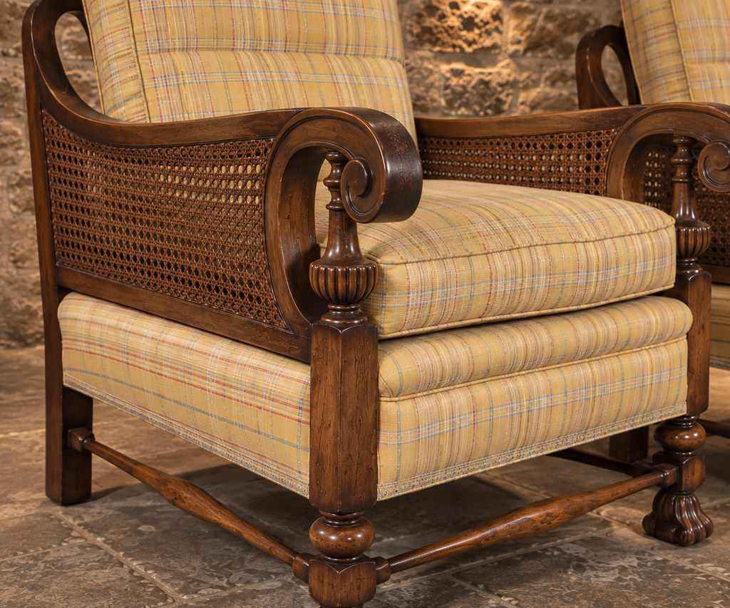 Pair of Antique 1930s Regency Revival Bergère Cane Armchairs