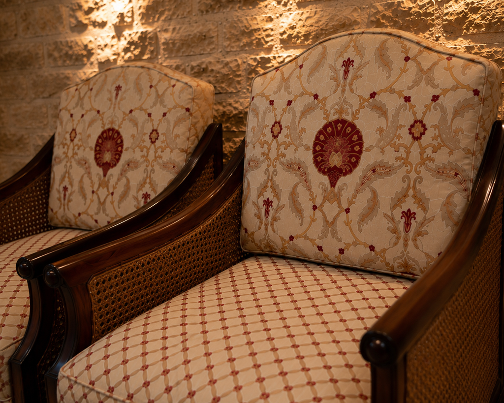 Pair of Edwardian Mahogany Bergère Armchairs | Antique Cane Lounge Chairs | English Upholstered Library Chairs | c.1905–1915