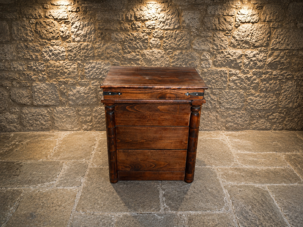 Campaign Style Chest of Drawers in Dark Wood with Brass Strap Detail