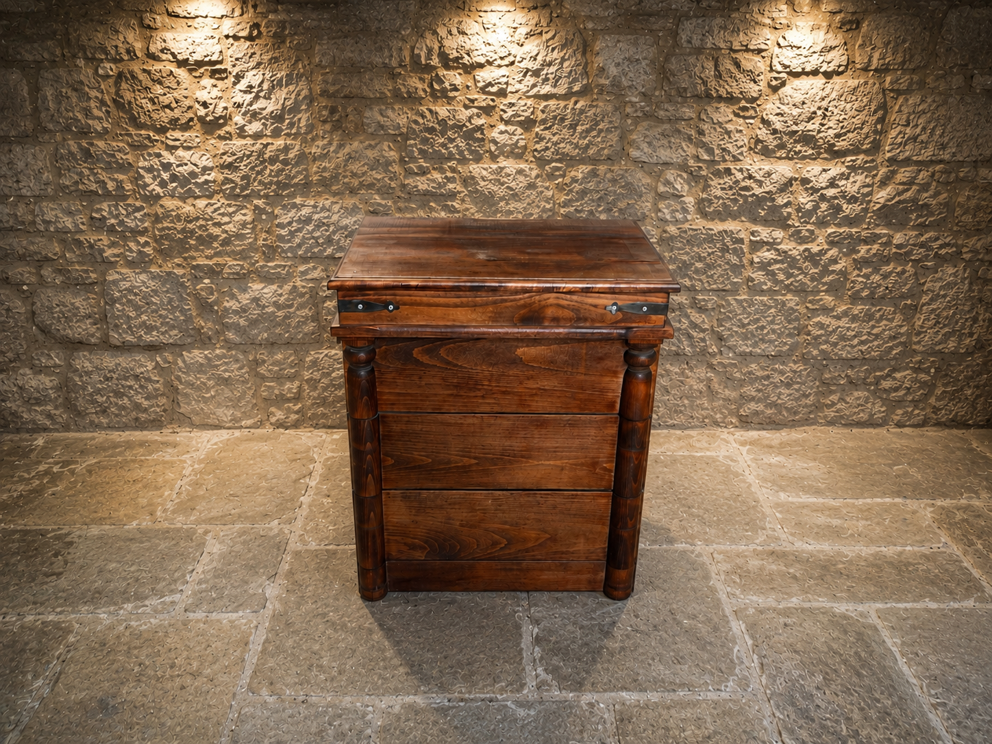 Campaign Style Chest of Drawers in Dark Wood with Brass Strap Detail