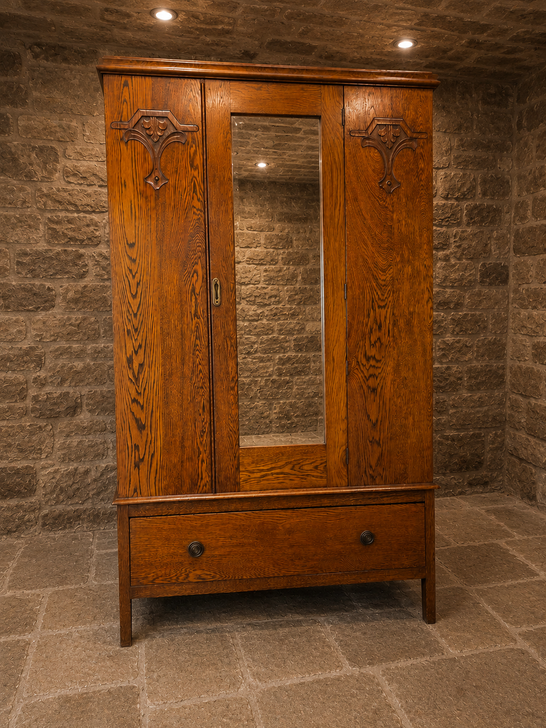 Antique Edwardian Arts & Crafts Quarter Sawn Oak Triple Wardrobe with Mirror & Drawer | c.1910