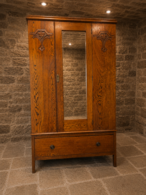 Antique Edwardian Arts & Crafts Quarter Sawn Oak Triple Wardrobe with Mirror & Drawer | c.1910