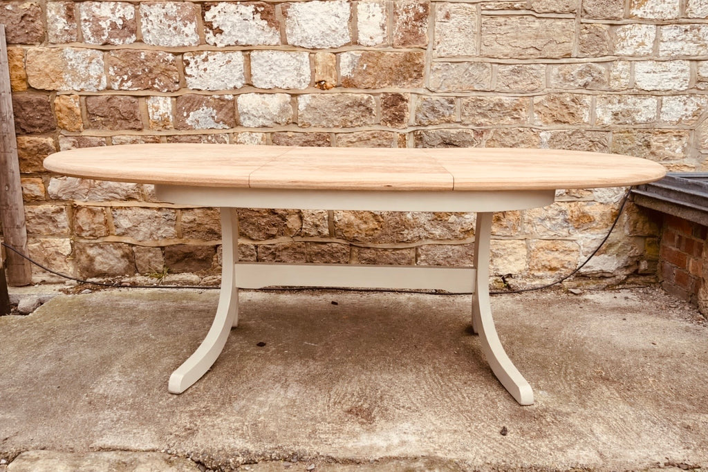 Large Solid Oak Extendable Oval Dining Table with Sanded Natural Top & Painted Base