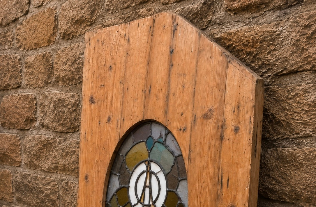 Antique Pine Door with Leaded Stained Glass Panel c.1900