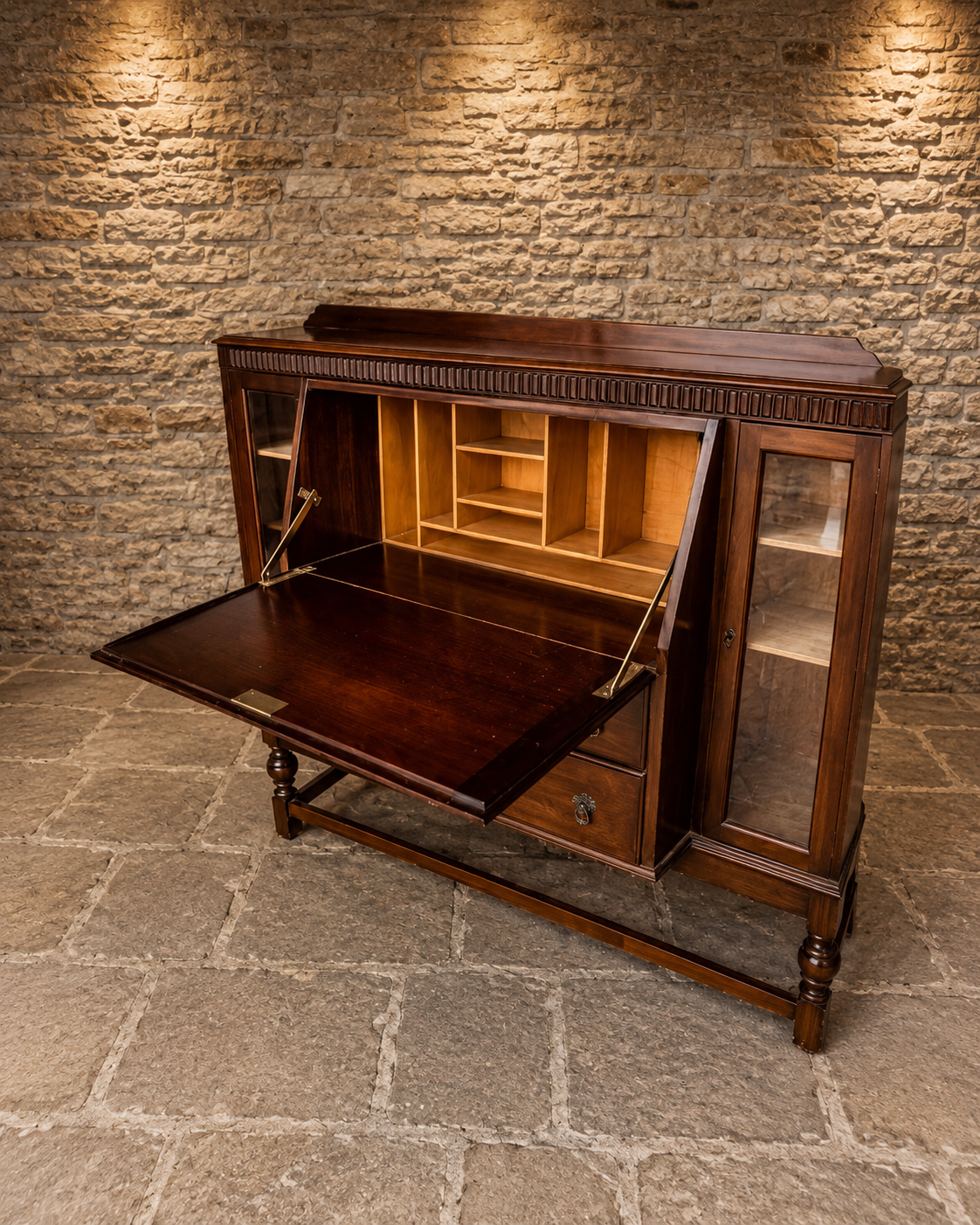 Antique Edwardian Mahogany Bureau Bookcase | Glazed Writing Cabinet | Home Office Secretary Desk | Circa 1905