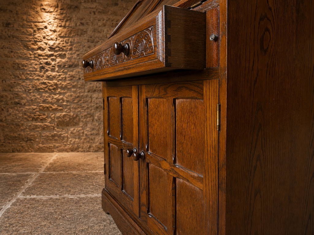 Vintage Solid Oak Jacobean Revival Bureau Cabinet with Drop Front Writing Desk