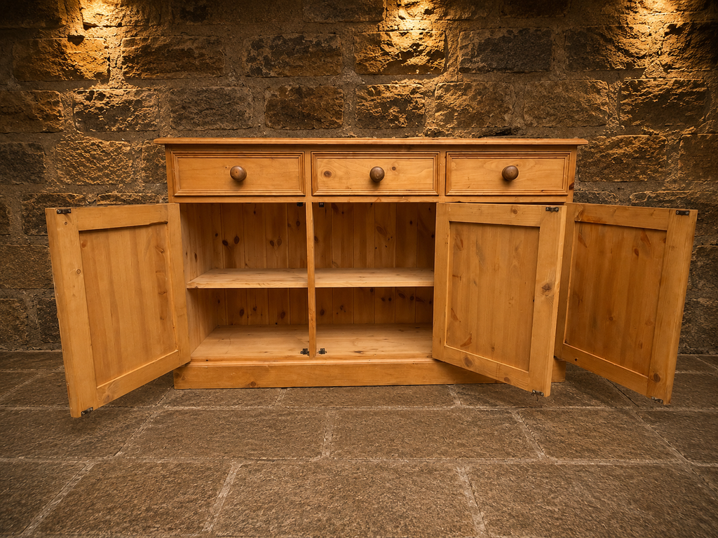 Large Vintage Pine Farmhouse Sideboard – Three Drawer Country Kitchen Storage Cabinet