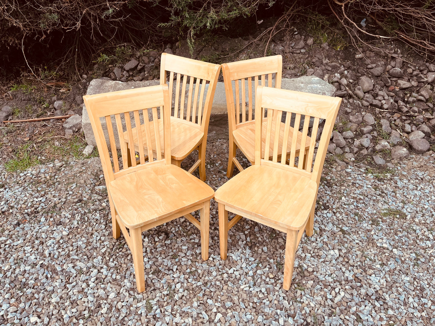 Set of Four Solid Wood Farmhouse Dining Chairs – Natural Wood Slat Back Kitchen Chairs