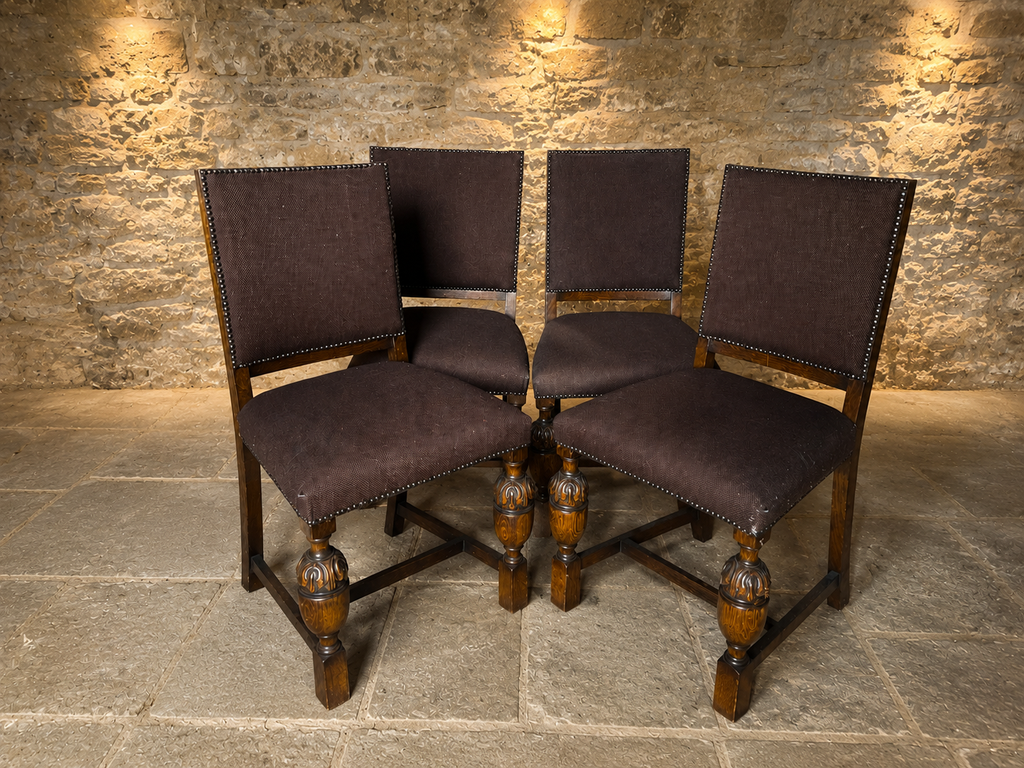 Set of Four Antique Oak Jacobean Revival Dining Chairs – Circa 1890–1910