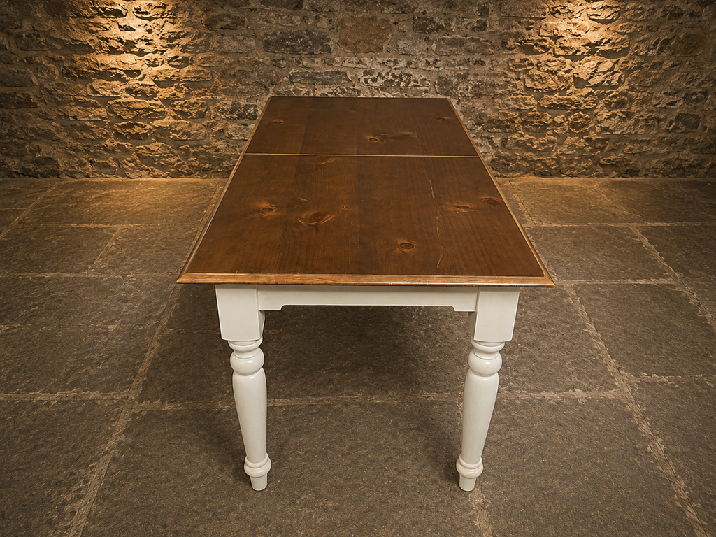 Large Two Tone Extending Farmhouse Dining Table | Solid Pine | Painted Cream Base