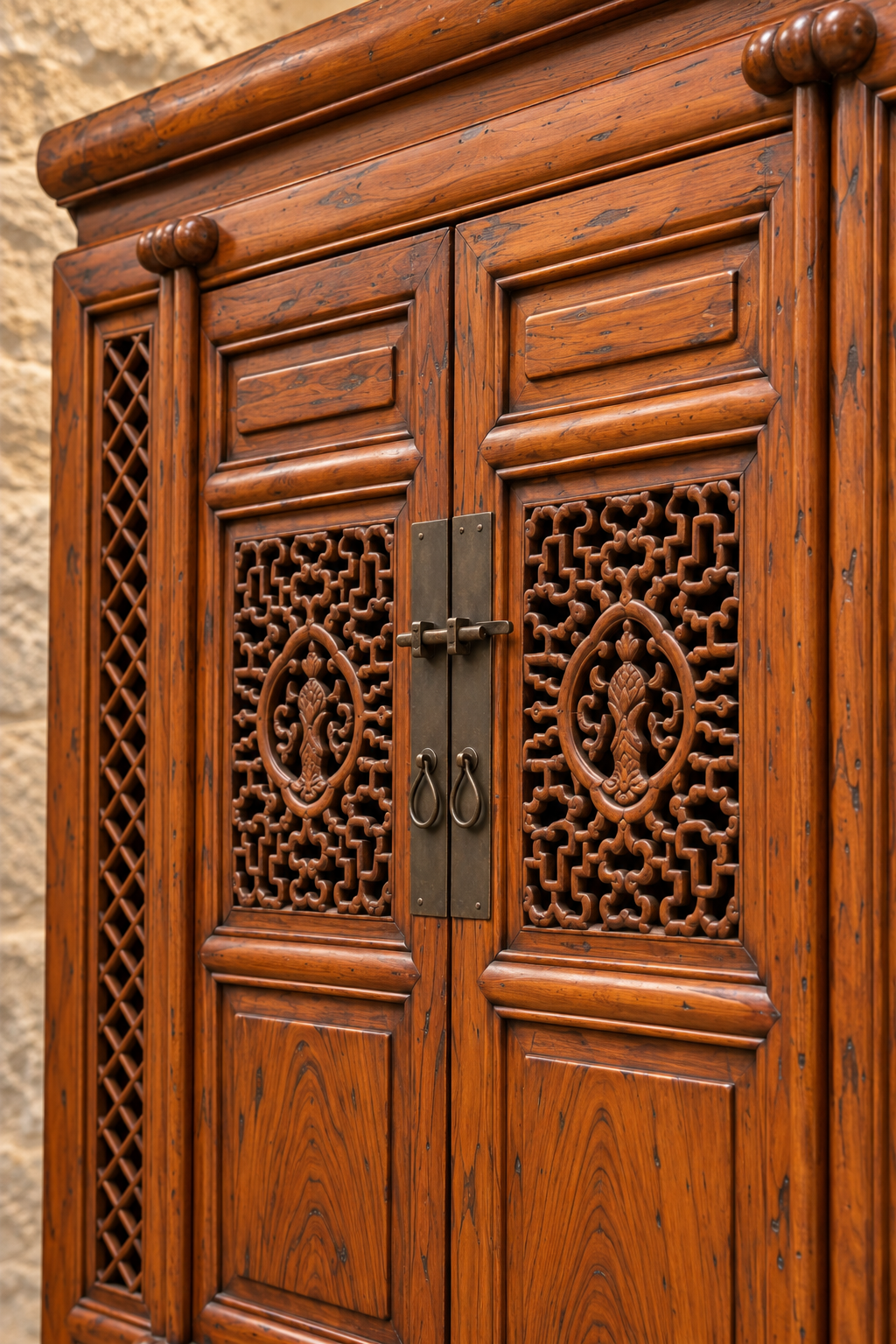 Vintage Chinese carved cabinet with lattice panels