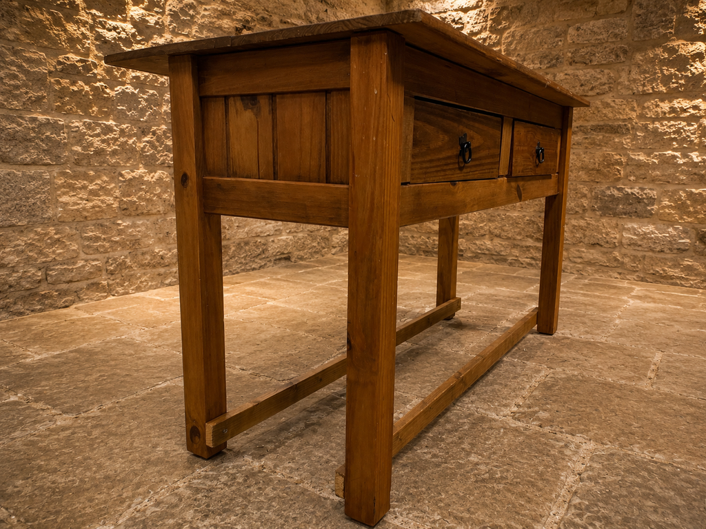Large Solid Pine Farmhouse Console Table with Two Drawers | Rustic Kitchen Prep Table