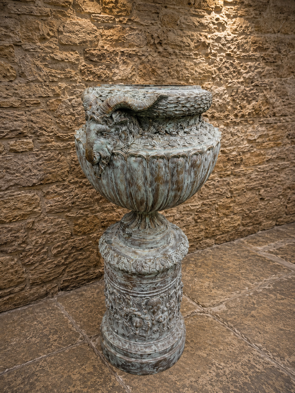 Bronze Neoclassical Garden Urns on Matching Pedestals | Pair of Classical Ram’s Head Urns | French Empire Style Antique Garden Statuary