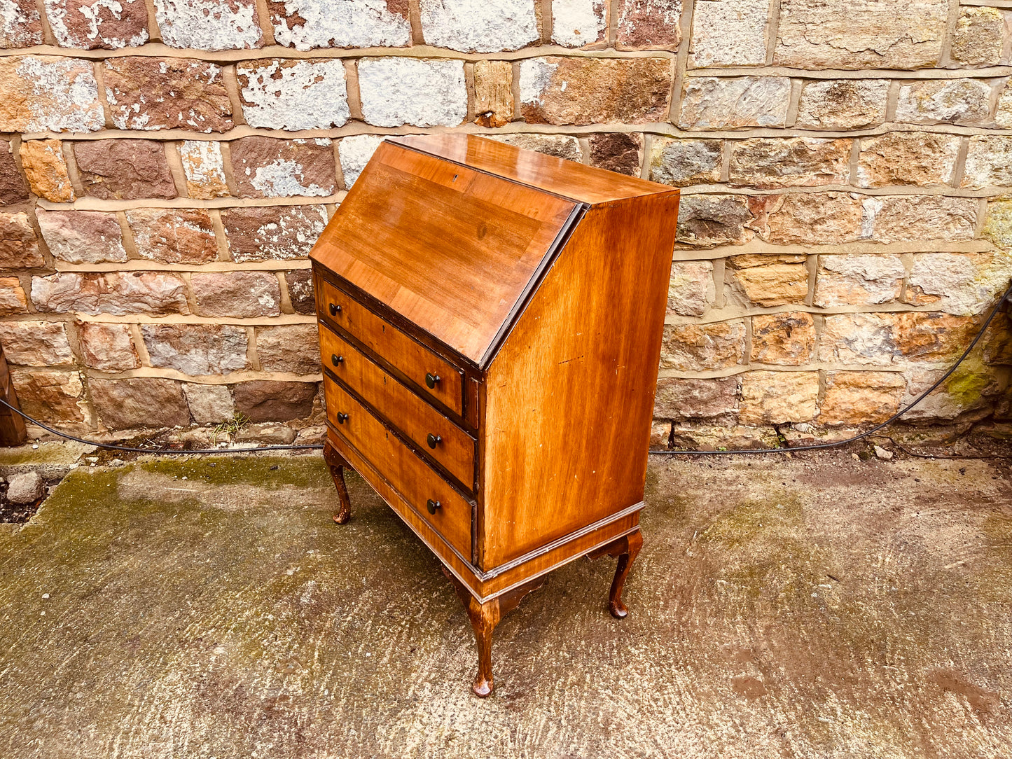 1930s Queen Anne Style Walnut Bureau Desk – Vintage Fall Front Writing Desk