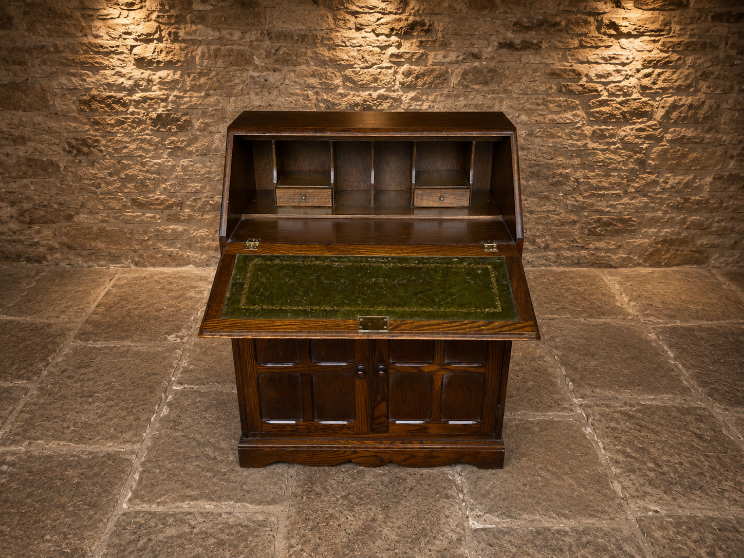Vintage Solid Oak Jacobean Revival Bureau Cabinet with Drop Front Writing Desk