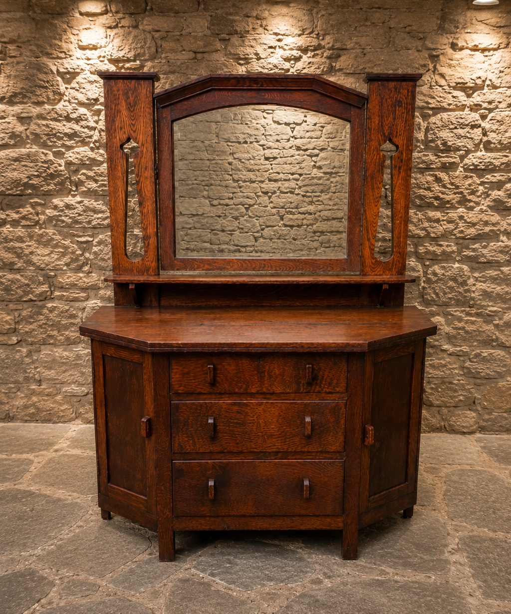 Antique Arts & Crafts Oak Dressing Chest with Mirror – Circa 1900