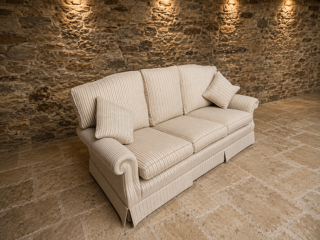Traditional English Three Seater Sofa in Neutral Striped Upholstery