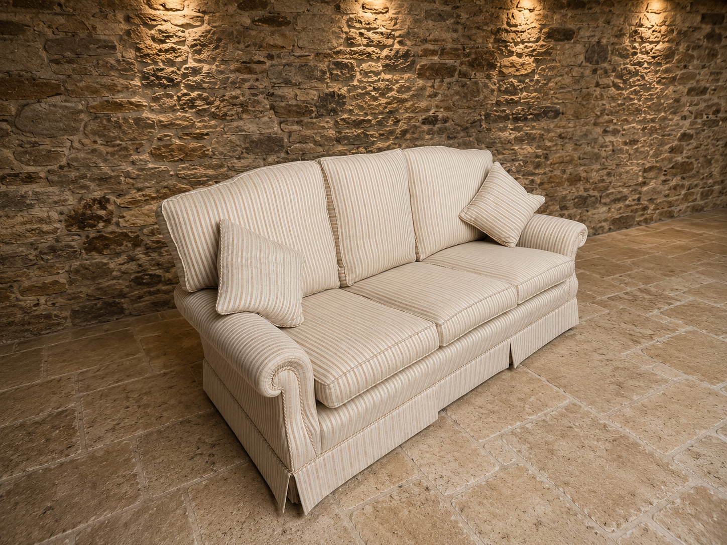 Traditional English Three Seater Sofa in Neutral Striped Upholstery