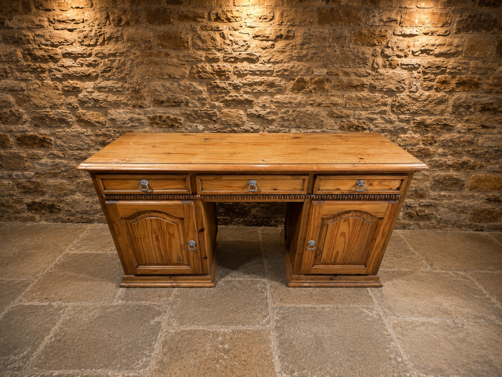 Large Solid Pine Pedestal Desk | Vintage Farmhouse Writing Desk | Rustic Country House Office Desk | Traditional Home Office Desk
