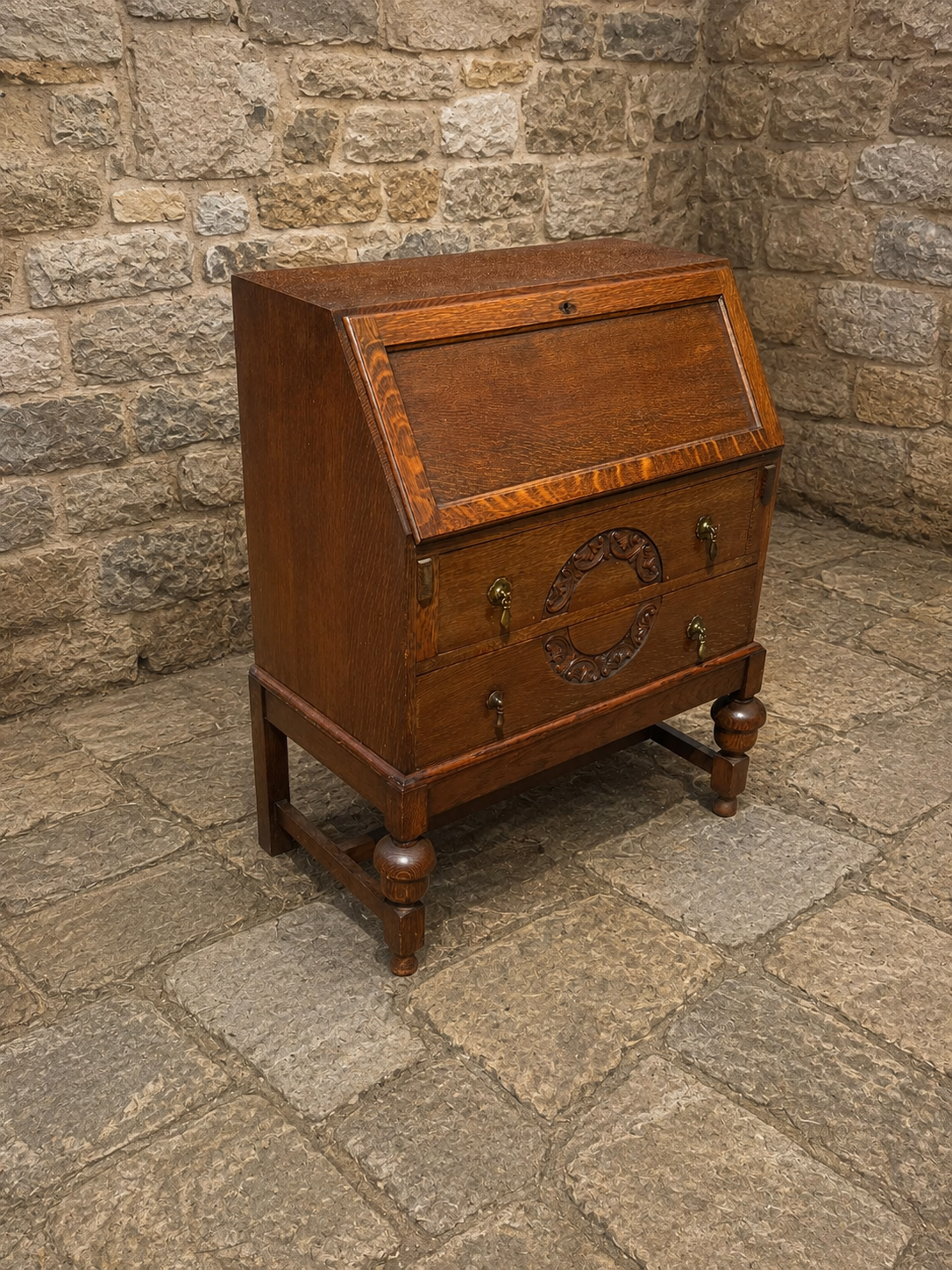 Antique Oak Arts & Crafts Bureau Desk c.1920–1935 | Jacobean Revival Fall Front Writing Desk