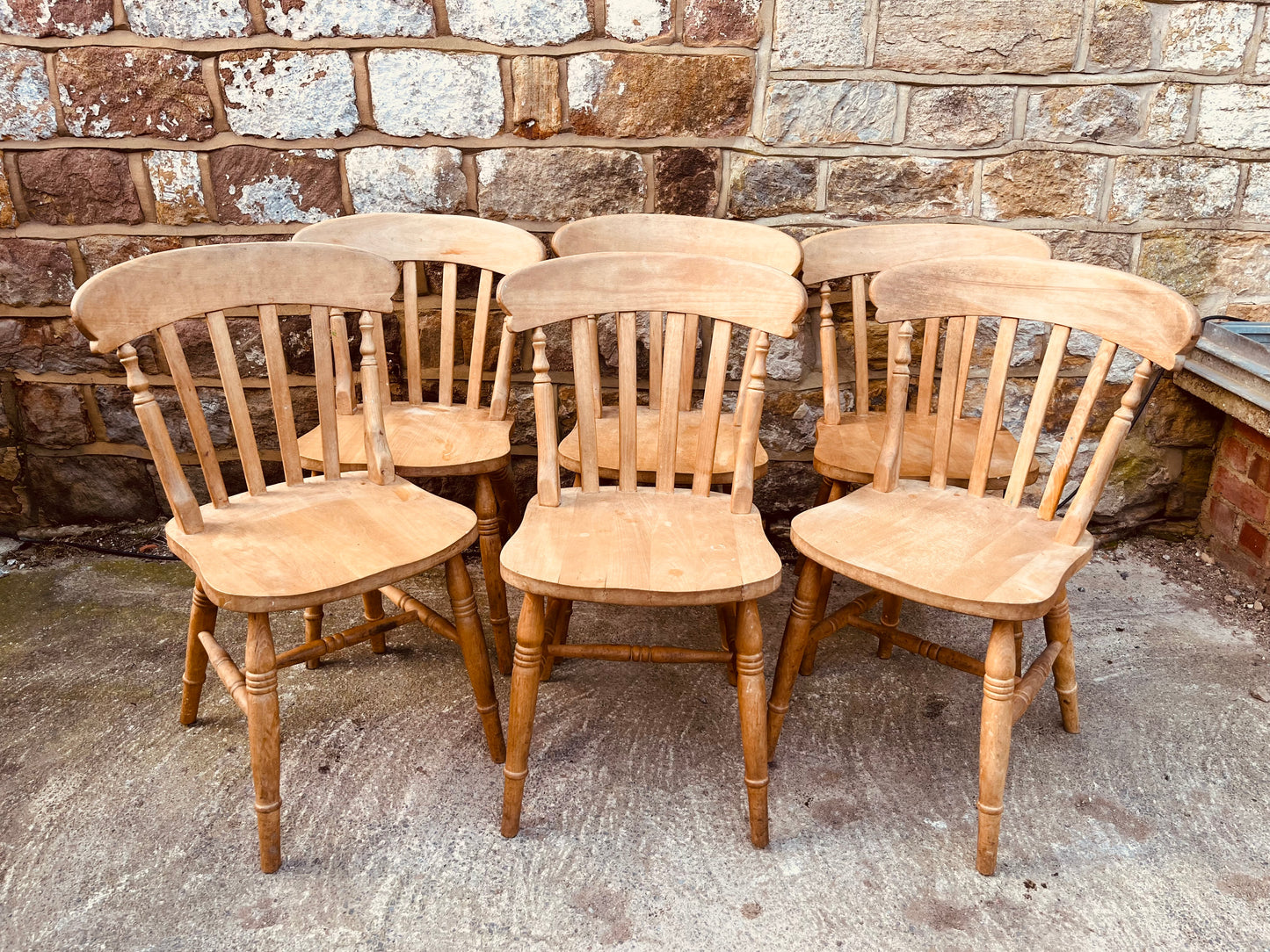 Set of Six Vintage Farmhouse Windsor Dining Chairs – Rustic Solid Wood Kitchen Chairs