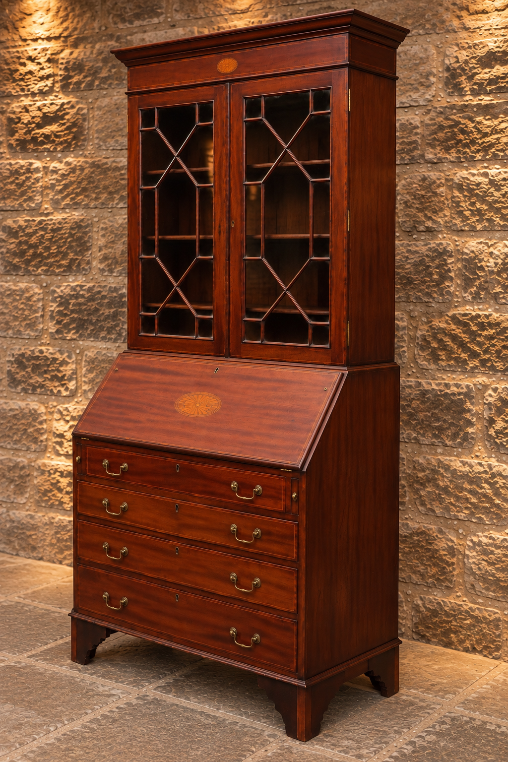 Antique Edwardian Inlaid Mahogany Bureau Bookcase – c.1900