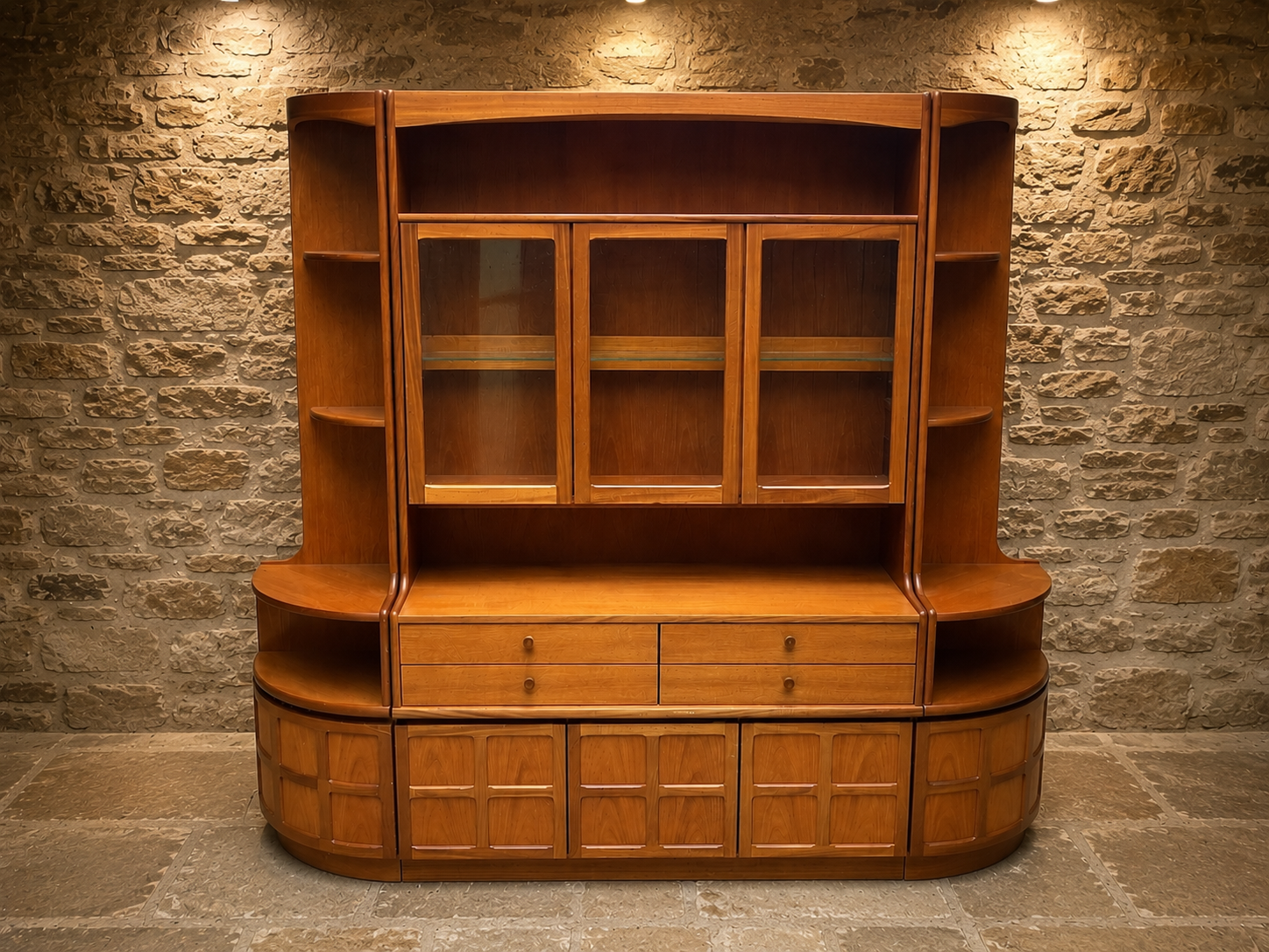 Large Mid Century Modern Teak Wall Unit | Scandinavian Display Cabinet, Bookcase & Sideboard | Circa 1965–1975