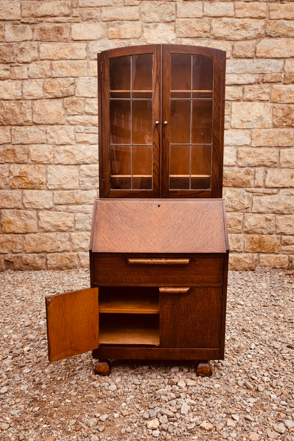 Vintage Oak Bureau Bookcase Cabinet with Glazed Top & Drop Front Desk
