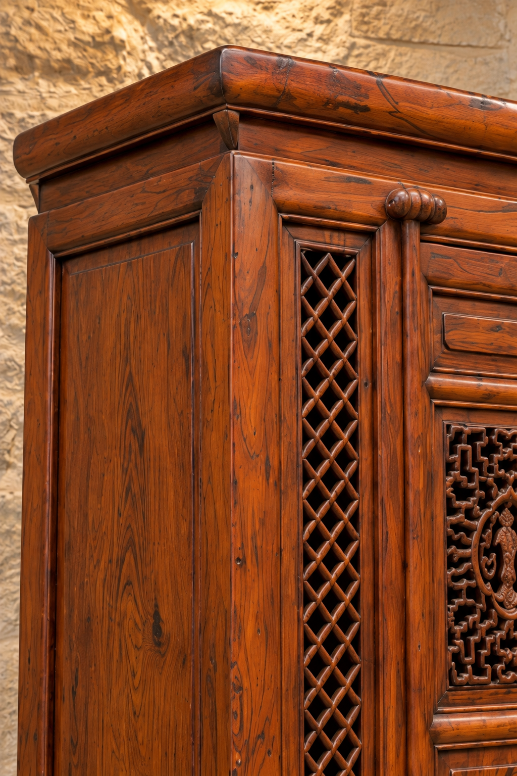 Vintage Chinese carved cabinet with lattice panels