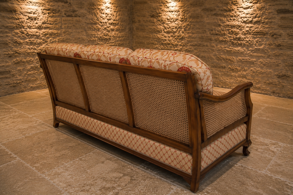 Edwardian Mahogany Bergère Three Seat Sofa | Antique Cane Back Upholstered Settee | English c.1905–1915