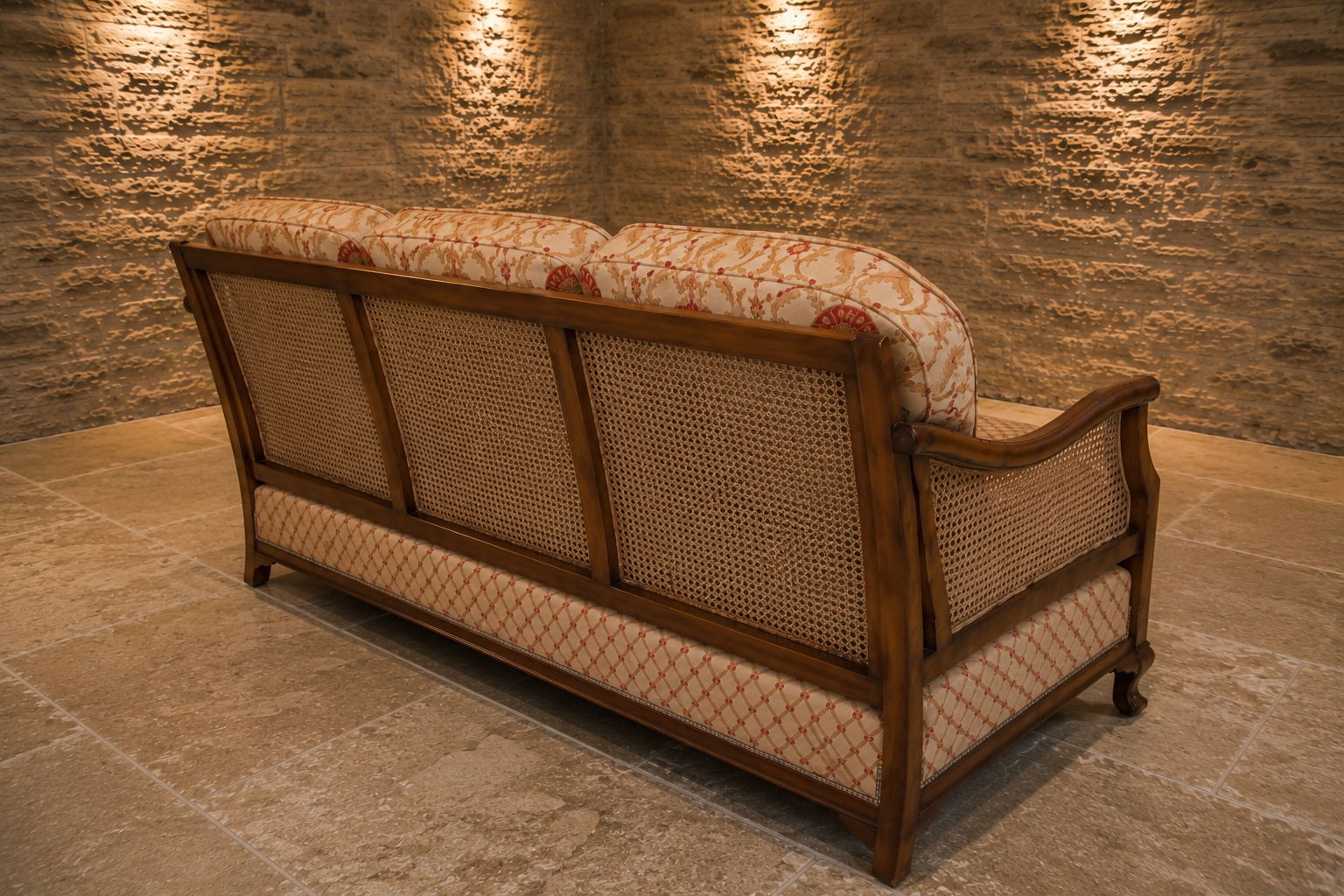 Edwardian Mahogany Bergère Three Seat Sofa | Antique Cane Back Upholstered Settee | English c.1905–1915