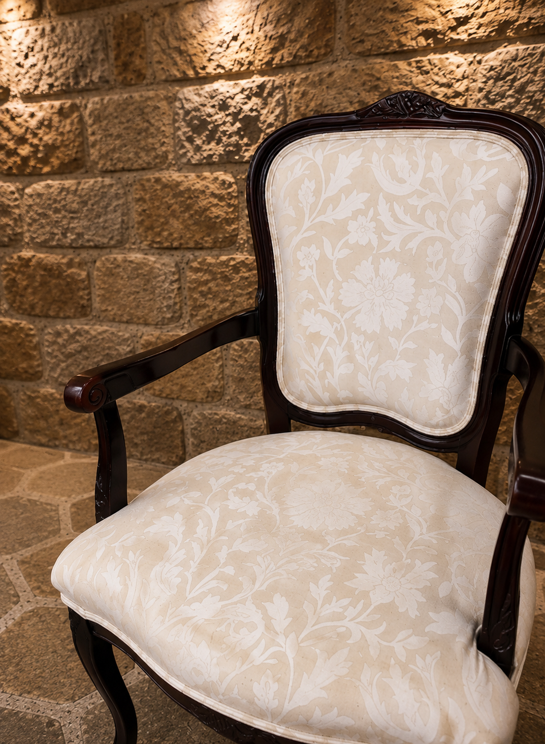 French Louis XV Style Upholstered Armchair | Carved Mahogany Accent Chair