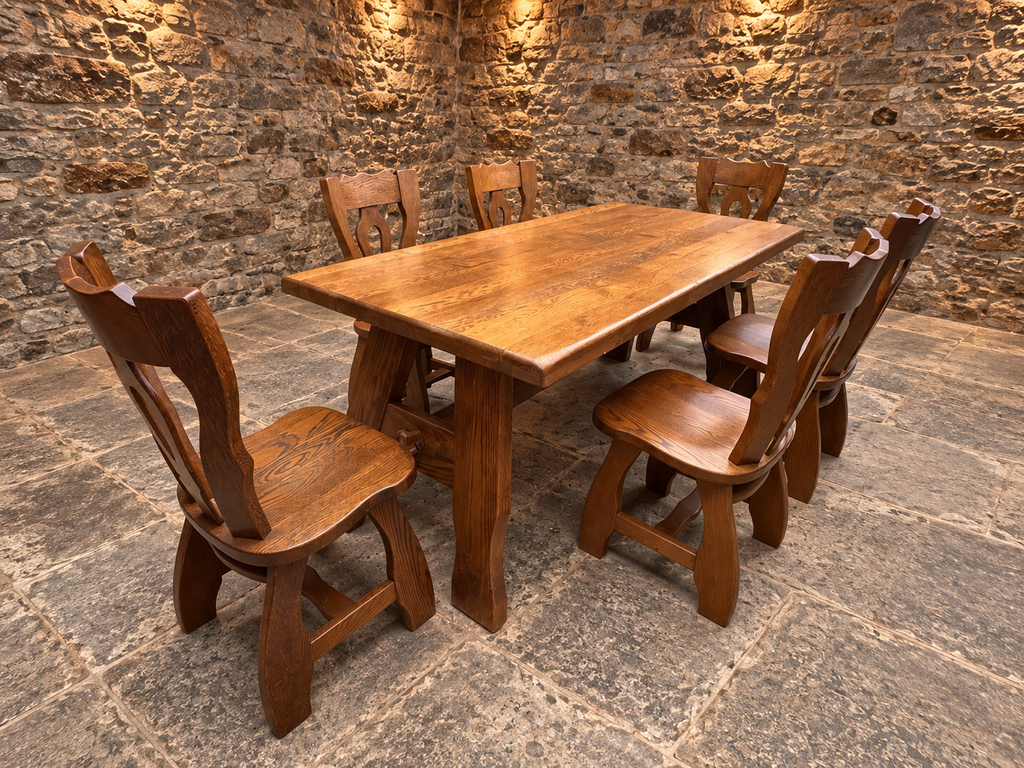 Mid-Century French Oak Dining Table & Six Chairs – Guillerme et Chambron Style c.1970