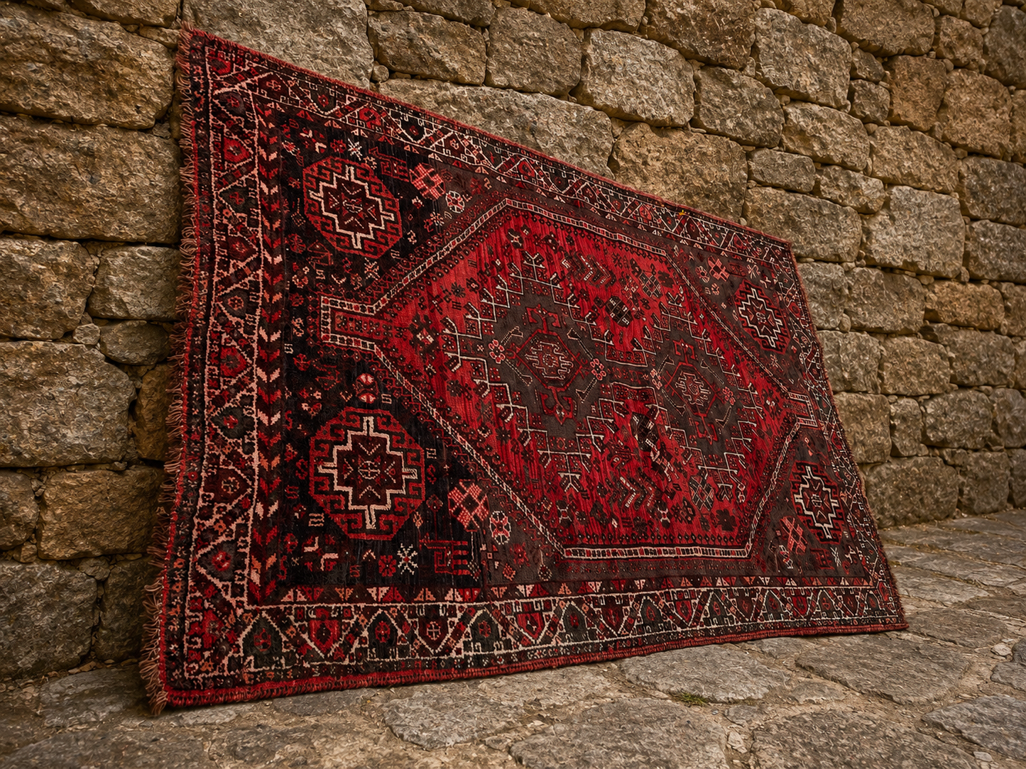 Vintage Hand-Knotted Afghan Tribal Rug | Red Geometric Wool Area Rug | Persian Style Carpet c.1960–1980