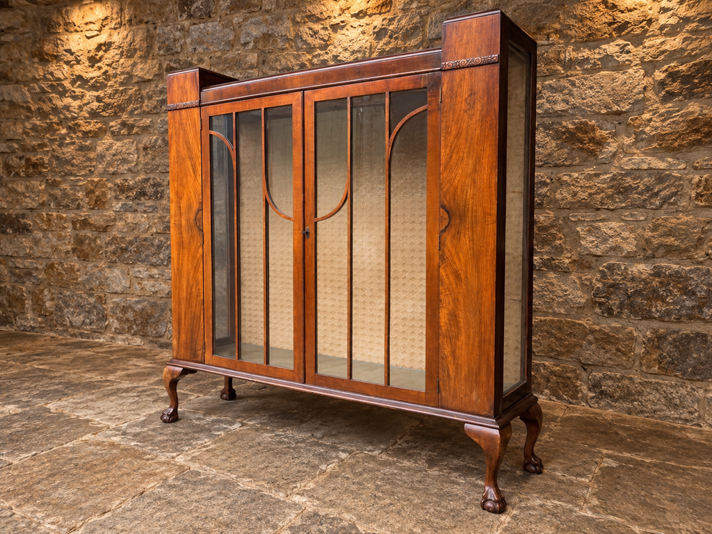 Antique Art Deco Figured Walnut Glazed Display Cabinet – c.1930