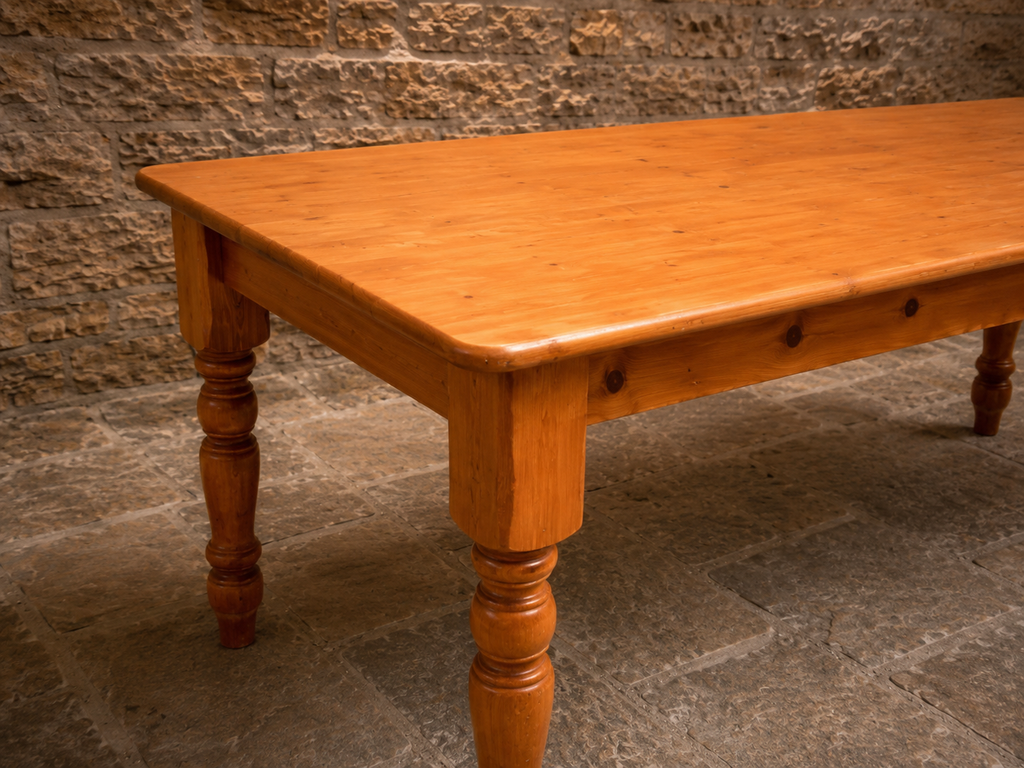 Large Solid Pine Farmhouse Dining Table – Traditional Turned Leg Country Kitchen Table