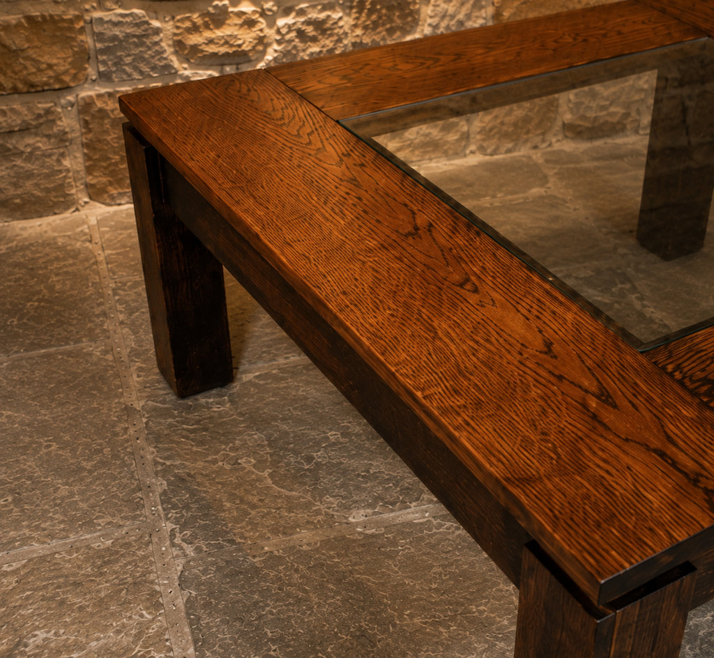 Vintage 1970s Brutalist Oak & Glass Coffee Table – Large 100cm Square