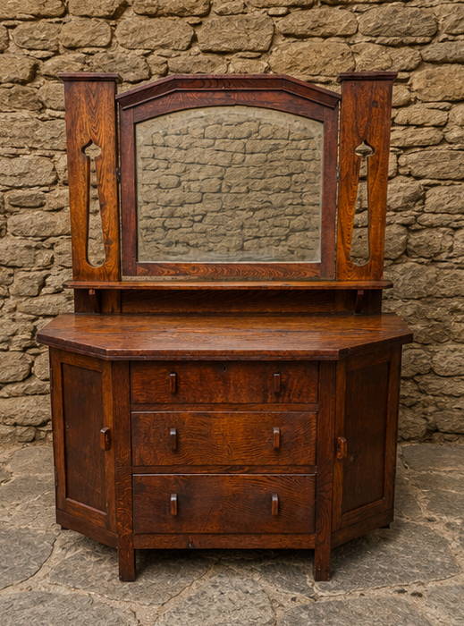 Antique Arts & Crafts Oak Mirror Back Sideboard / Dressing Chest c.1910