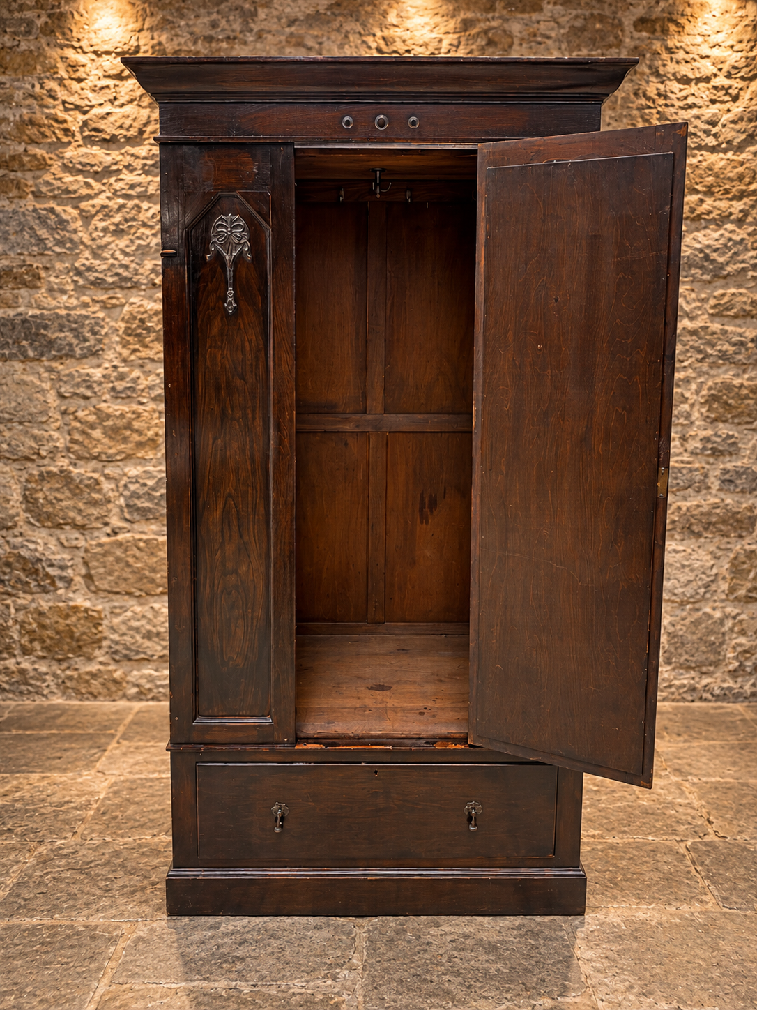 Antique Dark Oak Mirrored Wardrobe – Late Victorian / Edwardian c.1900