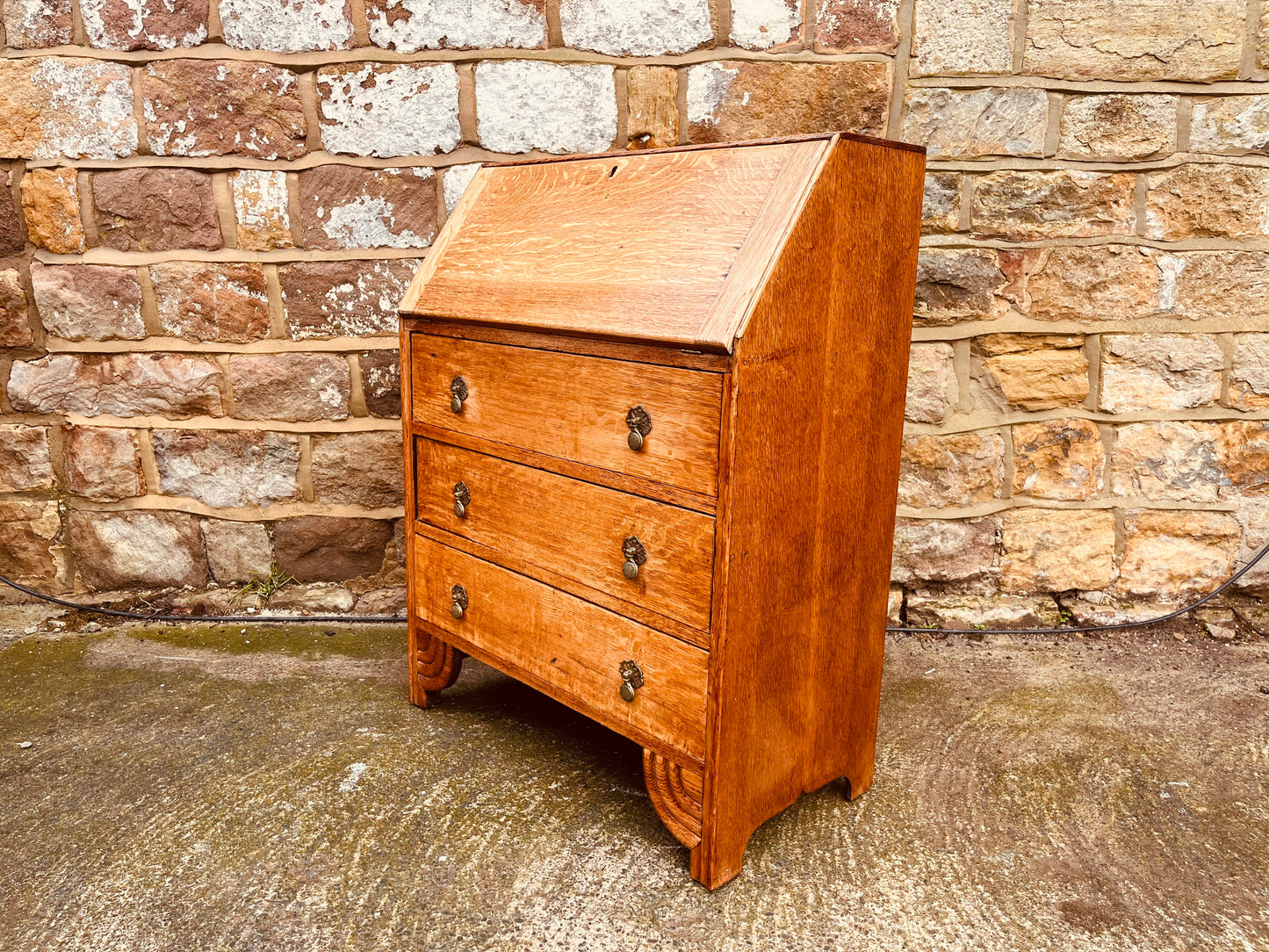 1930s Solid Oak Bureau Writing Desk with Fall Front & Pigeonholes