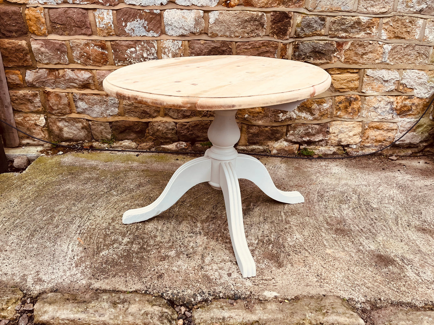 Mid-20th Century Round Solid Wood Pedestal Table | Hand-Painted Base & Natural Top