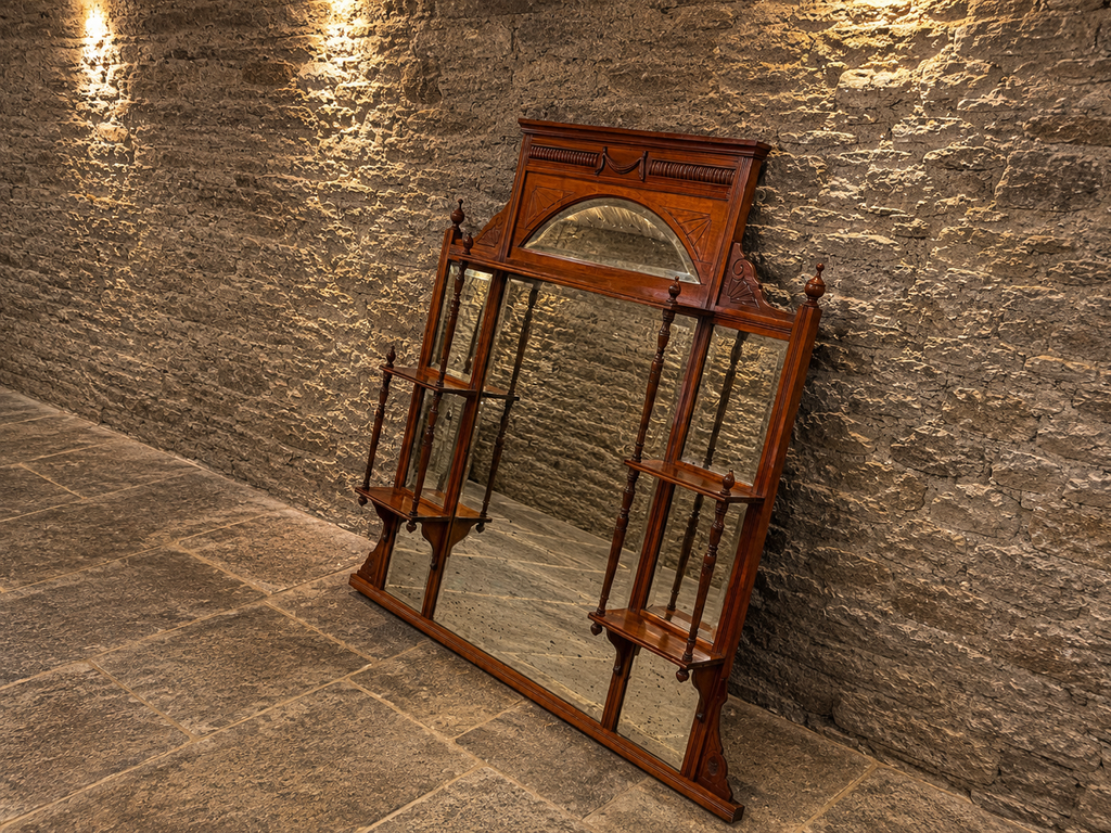 Victorian Oak Overmantel Mirror | Antique Bevelled Wall Mirror with Display Shelves | English Circa 1890–1910