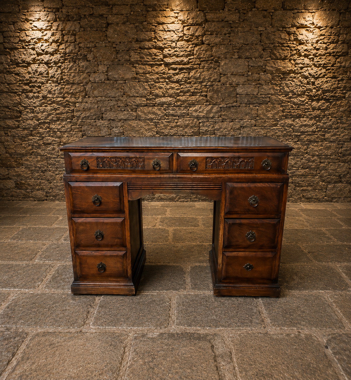 Antique Victorian Carved Oak Pedestal Writing Desk – Gothic Revival – Circa 1890