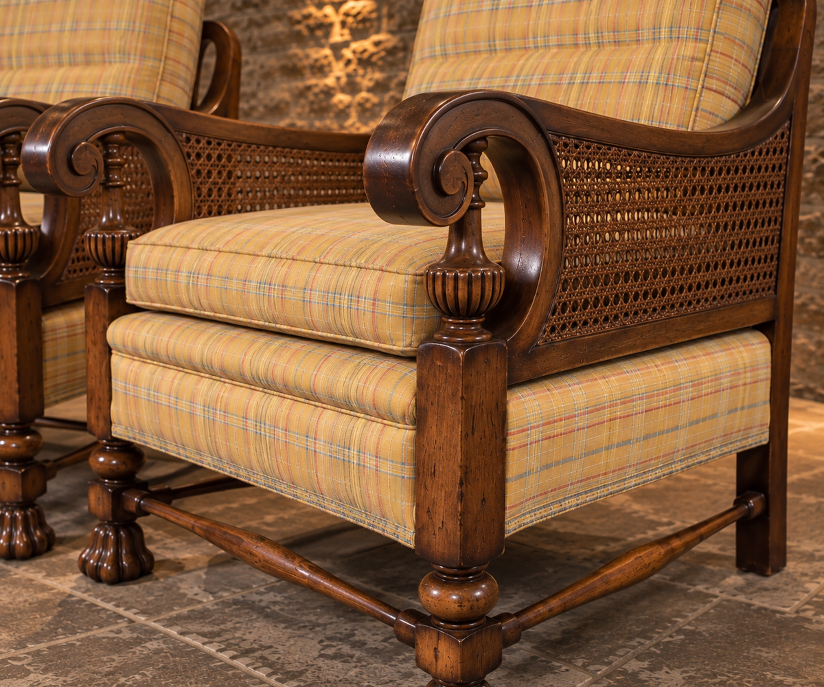 Pair of Antique 1930s Regency Revival Bergère Cane Armchairs