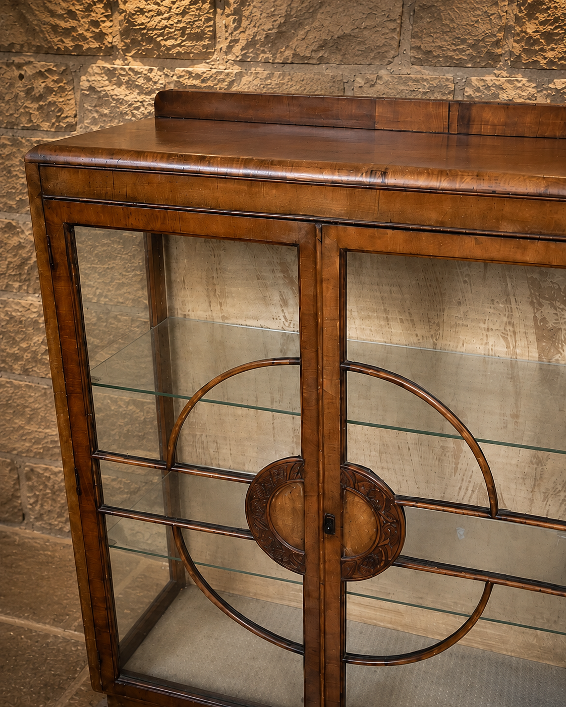 1930s Art Deco Figured Walnut Glazed Display Cabinet