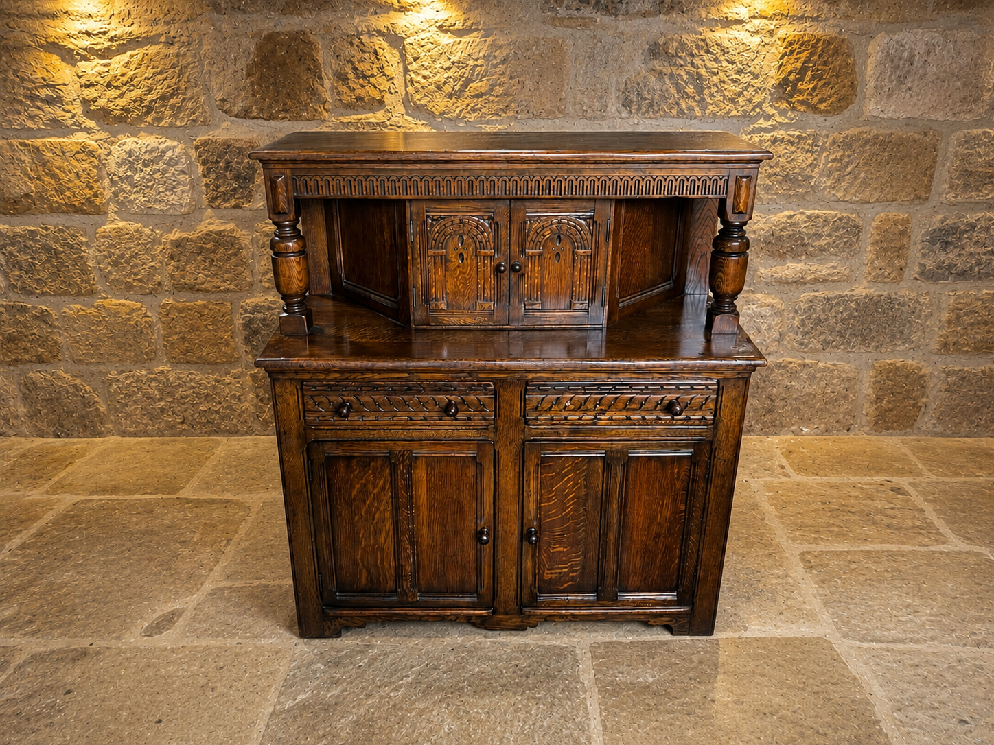 Vintage Carved Oak Jacobean Revival Dresser Base with Raised Back